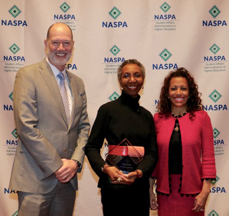 Bobby E. Leach Equity, Diversity, and Inclusion Award Recipient Gwen Dungy with NASPA President Kevin Kruger and Board Chair Lori White.