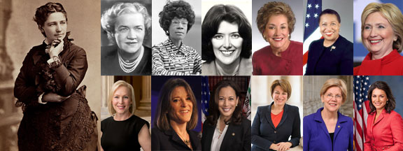 pictures of women who have pursued US presidential nomination--Victoria Woodhull, Margaret Chase Smith, Shirley Chisholm, Patricia Schroeder, Elizabeth Dole, Carol Moseley Braun, Hillary Rodham Clinton, Kirsten Gillebrand, Marianne Willamson, Kamala Harris, Amy Klobachaur, Elizabeth Warren, Tulsi Gabbard