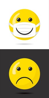 emoji with smiley face on mask and frowning emoji with no mask