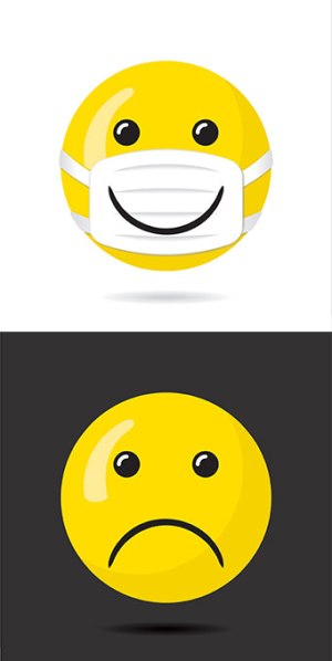 emoji with smiley face on mask and frowning emoji with no mask