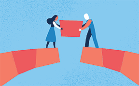 illustration of two people placing final piece of bridge between each other